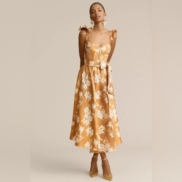 V. Chapman Dresses & Skirts - V. Chapman Vera Ruffle-Strap Corset Side-Slit Midi Dress in Gold Baroque Flor